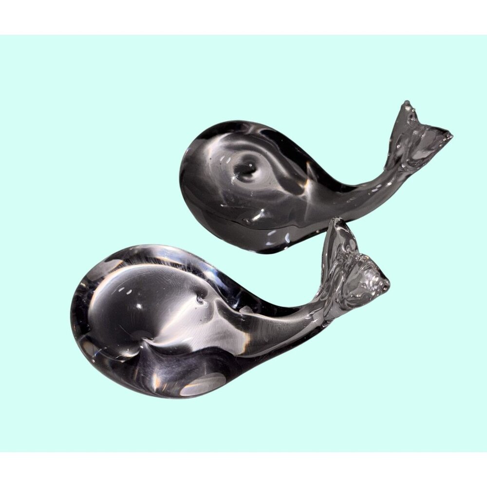 2 Lindstrom Sweden Glass Whale Figurines Paperweight 6" 4"